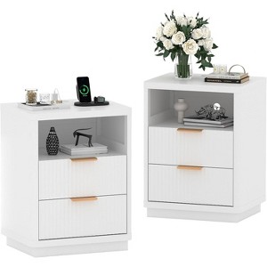 Set of 2 Fluted Farmhouse Nightstands with Charging Station, Modern Mid-Century Bedroom Bedside Tables, 1-Drawer Nightstands with Metal Handles - 1 of 4