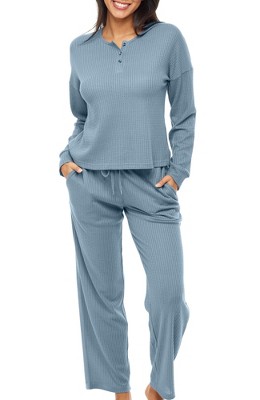 Adr Women's Ribbed Knit Pajamas Set, Button Down Drop Shoulder Top