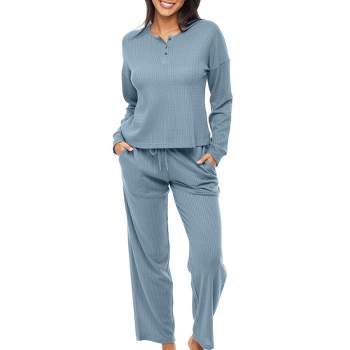 ADR Women's Soft Ribbed Waffle Rib Knit Henley Pajamas Lounge Set, Lounge Sleeve Top and Pants with Pockets, Drawstring