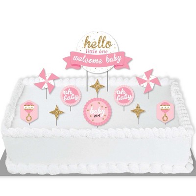 Big Dot of Happiness Hello Little One - Pink and Gold - Girl Baby Shower Cake Decorating Kit - Welcome Baby Cake Topper Set - 11 Pieces