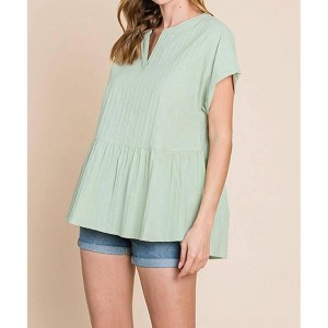 Women's Ruched Notched Short Sleeve Blouse - Cotton Bleu - 1 of 4