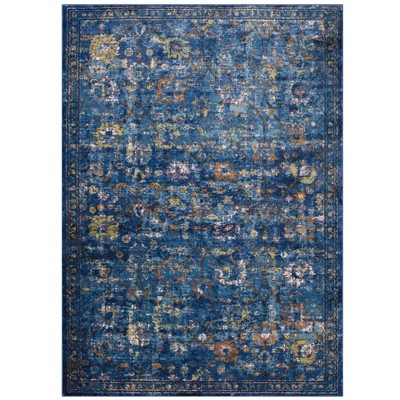 Modway Minu Distressed Floral Lattice 8x10 Area Rug - Dark Blue, Yellow and Orange,  100% Polypropylene ,  Tight Low Pile Weave