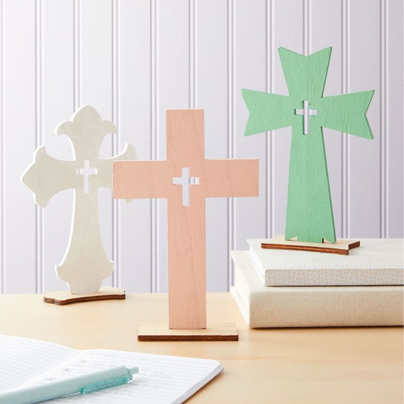 Bright Creations 12 Pack Standing Wood Cross for DIY Crafts and Easter Christmas Centerpiece Table Mantel Decorations, 7 inches, 3 of 10