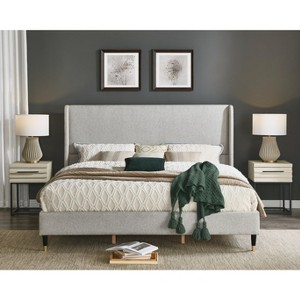 Roundhill Furniture Arles 3-Piece Upholstered Bedroom Set, Wingback Platform Bed with Two Nightstands - 1 of 4