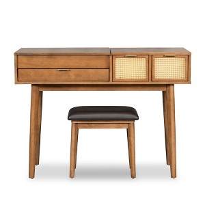 Chery Life 43.3" Classic Wood Makeup Vanity Set with Flip-top Mirror and Stool, Dressing Table with Three Drawers and storage space - 1 of 4