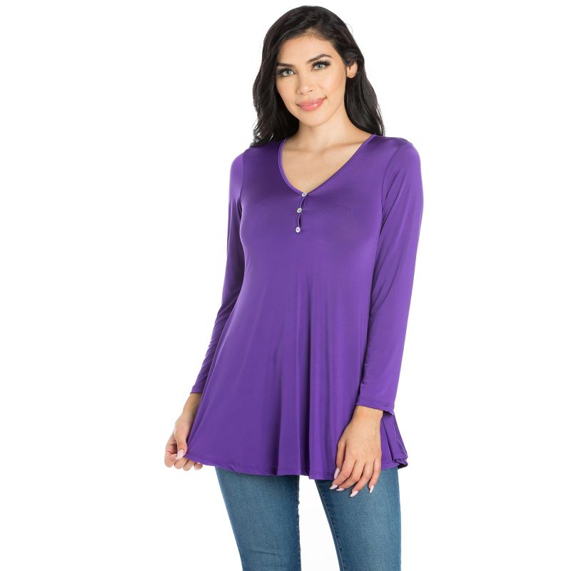 24seven Comfort Apparel Womens Flared Long Sleeve Henley Tunic Top, 1 of 5
