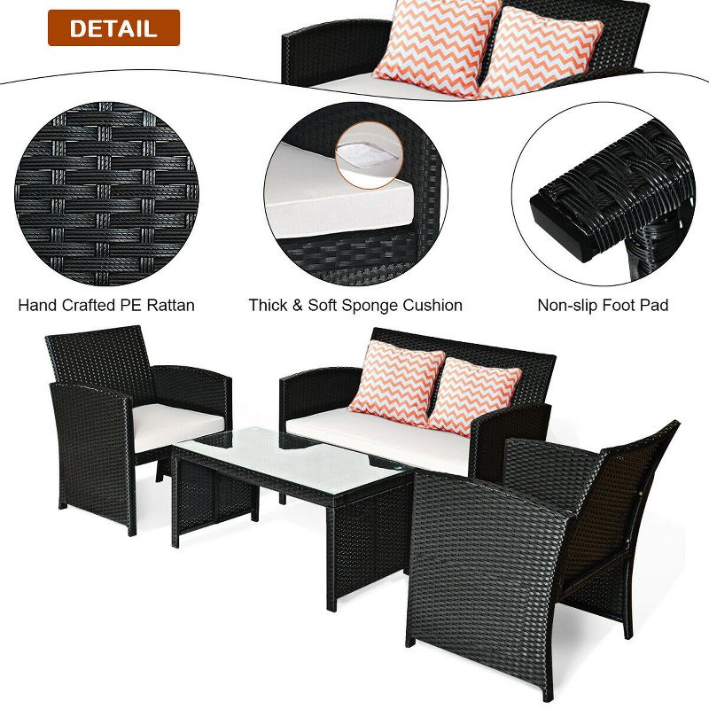 Costway 4PCS Patio Rattan Furniture Conversation Set Cushioned Sofa Coffee Table Black, 5 of 11