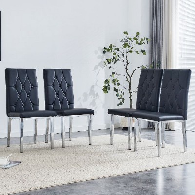CAVINAS Set of 4 Modern Black PU Dining Chairs with Grid Quilting and Silver Metal Legs, Armless Dining Chairs for Kitchen, Dining Room