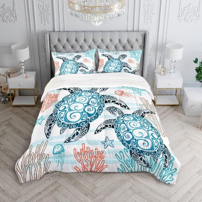 Acoinel 3 Pcs Sea Turtle Coastal Lightwight Ultra Soft Comforter Set with 2 Pillowcases, White