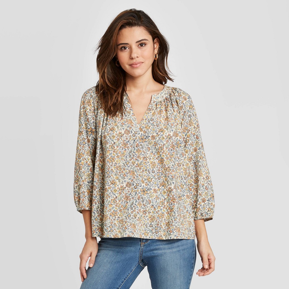 Women's Floral Print Long Sleeve V-Neck Shirt - Universal Thread L, MultiColored was $24.99 now $17.49 (30.0% off)