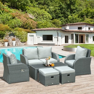 Outsunny 6-PCs Outdoor Rattan Wicker Sofa Set Angle Adjustable Recline Single Chair Conversation Set, Ottomans, w/Gas Spring & Soft Washable Cushions