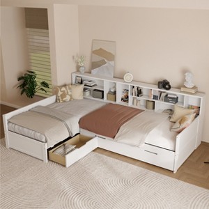 Twin Size L Shaped Daybed with Trundle and Storage Drawer, Versatile Corner Bed Frame with Bookcases, Natural/White-ModernLuxe - 1 of 4
