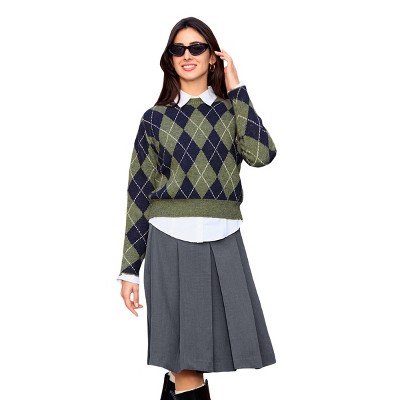 Women's Olive Green Geo Round Neck Classic Argyle Knit Sweater - Cupshe