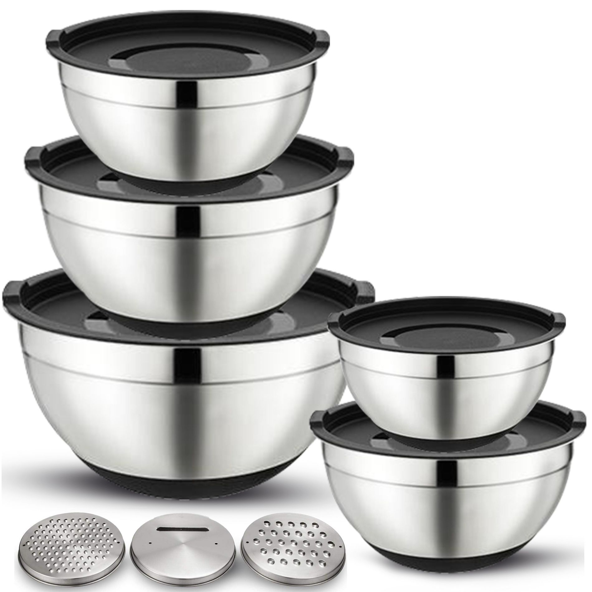 5-Piece Stainless Steel Mixing Bowls with Grater, Durable Nonslip Nesting Mixing Bowl Set with Lids, Rust Proof Kitchen Bowls for Cooking and Storage