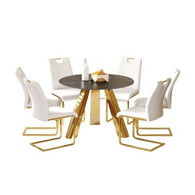 Infurnic Dining Sets Round Table Paired with Six Uniquely designed White Dining Chairs With Golden Metal Leg , White, 42"*42"*29.5"