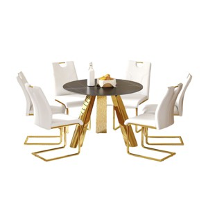 Infurnic Dining Sets Round Table Paired with Six Uniquely designed White Dining Chairs With Golden Metal Leg , White, 42"*42"*29.5" - 1 of 4