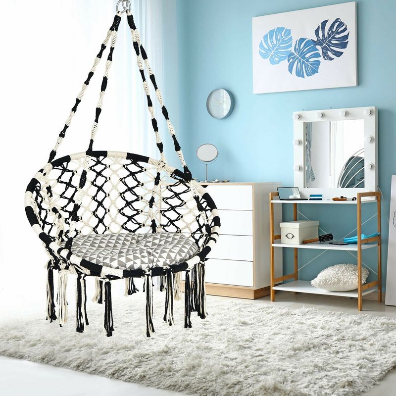 Costway Hanging Hammock Chair with Cushion Macrame Swing Cotton Rope Indoor Outdoor, 3 of 11