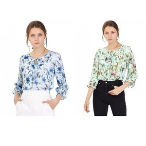 INSPIRE CHIC Women's Floral Bow Tie Neck Vintage 3/4 Sleeve Blouse 2 Packs - 1 of 4