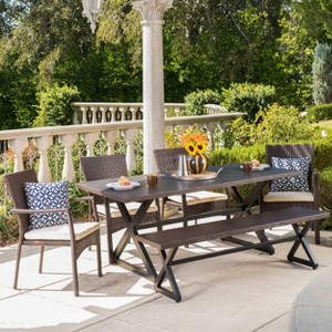 Christopher Knight Home Sequoia Outdoor Wicker and Aluminum 6 Piece Dining Set with Bench - 1 of 4