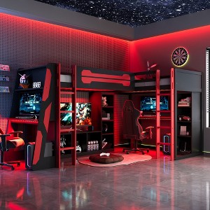 Twin Size Loft Bed, L-Shaped Gaming Bed Frame with RGB LED Lights, Dual Beds, USB Ports, TV Stand & Storage - ModernLuxe - 1 of 4