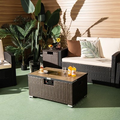 32" Brown PE Rattan Gas Fire Pit Table Set with Side Table