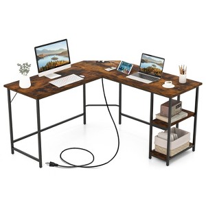 Costway L Shaped Corner Computer Desk 54.5" Office Workstation w/ 2 Outlets & USB Ports - 1 of 4