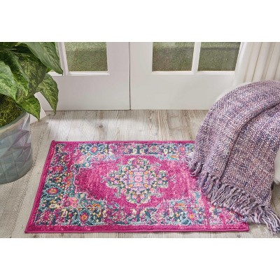 Small Fuchsia and Blue Floral Synthetic Traditional Rug
