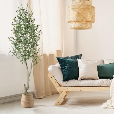 Tall Faux Olive Tree，5/6/7ft（60/72/84in） Tall Faux Olive Tree with White Planter and Green Fake Moss , 1 o r 2 Pack