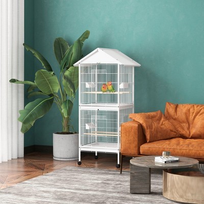 LOVMOR Wrought Metal Bird Cage Feeder with Rolling Stand Perches Food Containers Doors Wheels 67" H