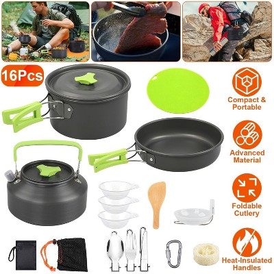 Angel Sar 16-Piece Portable Camping Cookware Set with Stove, Lightweight Aluminum Pots, Pan, Kettle & Utensils for Hiking Backpacking Picnic