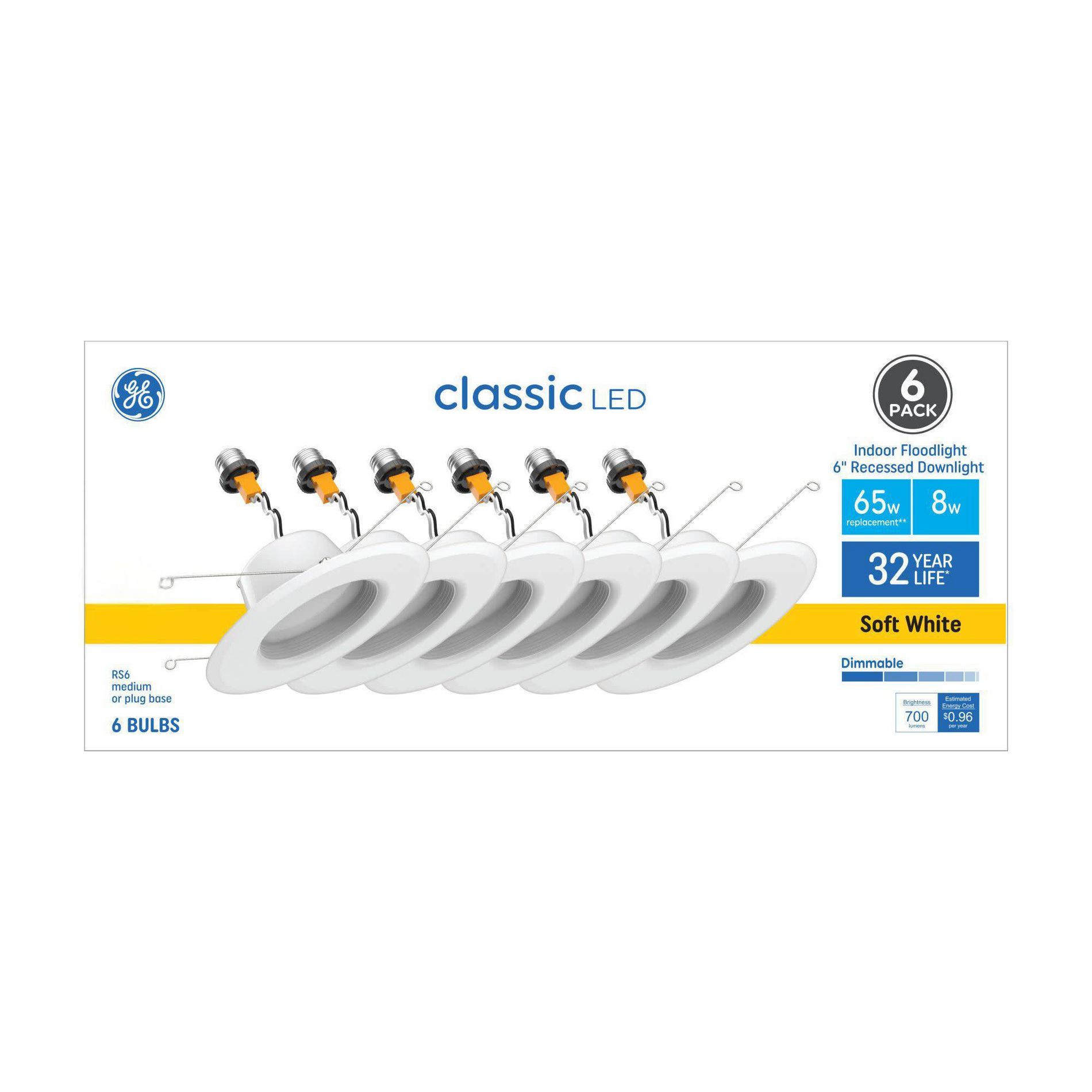 GE 6pk RS6 Recessed Can Classic Soft White 65W Light Bulb