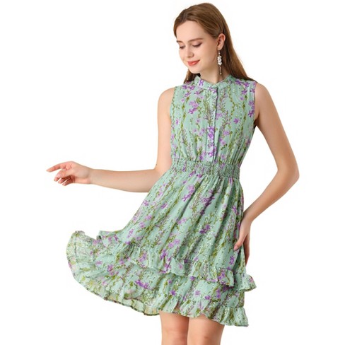 Allegra K Women\'s Regular Fit Floral A-line Smocked Waist Tiered Ruffled  Chiffon Mini Dress Green Medium : Target