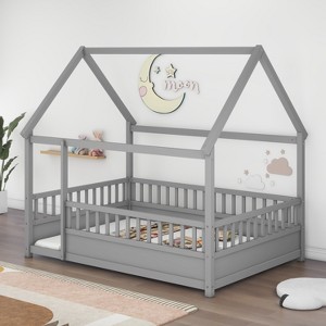 Floor Wooden Bed with House Roof Frame, Fence Guardrails - 1 of 4