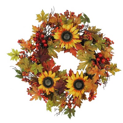 Northlight 24” Unlit Artificial Fall Leaf, Berry and Sunflower Christmas Wreath