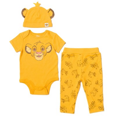 Image of Disney Lion King Simba Infant Baby Boys or Girls Bodysuit Pants and Hat 3 Piece Outfit Set Orange 18 Months