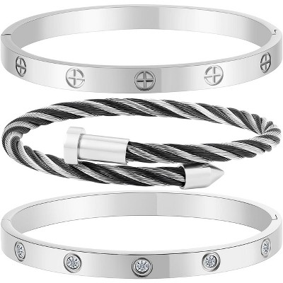 Gold Stackable Bracelets for Women - 3 Piece Stainless Steel Bangles with Love & Friendship Theme, Crystal Accents