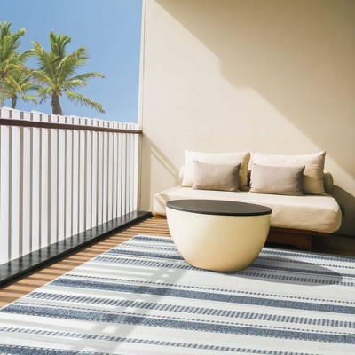 Dark Blue and Cream Striped Synthetic 8' x 10' Indoor/Outdoor Rug