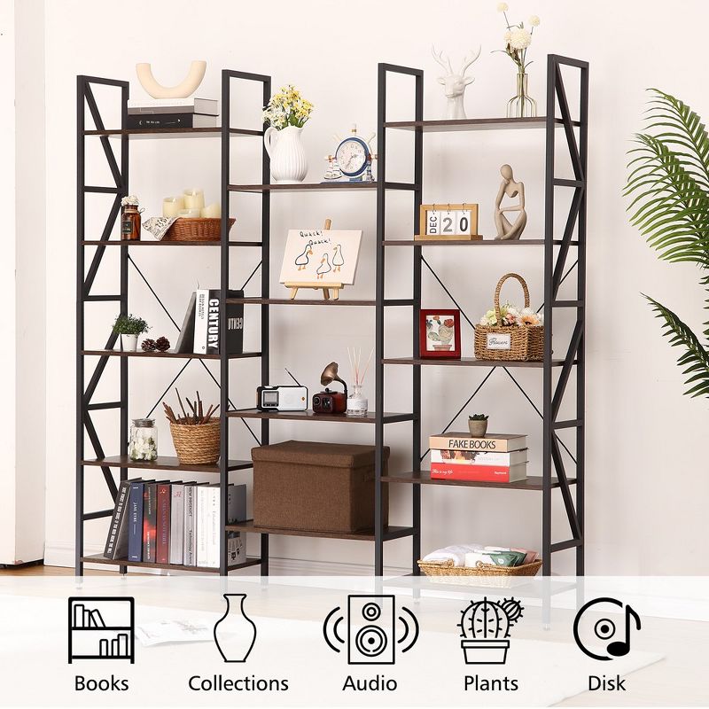 Whizmax Triple Wide 5 Tier Metal Fram BookShelf, Large Industrial Bookcases with Open Display Shelves,RetroBrown, 5 of 6