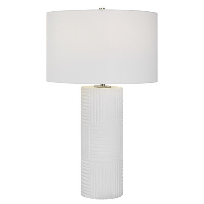 Uttermost Patchwork Table Lamp – 27.5"H White Ceramic with Linear Ridges & Brushed Nickel Accents