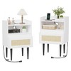 Nightstand Set of 2, Rattan End Table with Charging Station, 2 Open Shelves Beside Table with Drawer and Solid Legs - 3 of 4