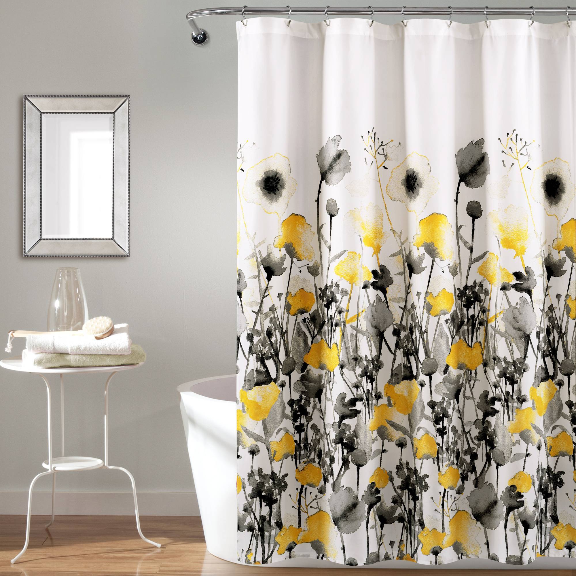 Zuri Flora Shower Curtain Yellow/Gray - Lush Décor: Botanical Design, Microfiber, Machine Washable