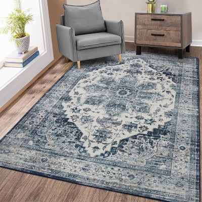 Machine Washable Low Pile Area Rugs - Non Slip Boho Vintage Indoor Carpet, Stain Resistant, Foldable for Living Room, Bedroom, Dining Room