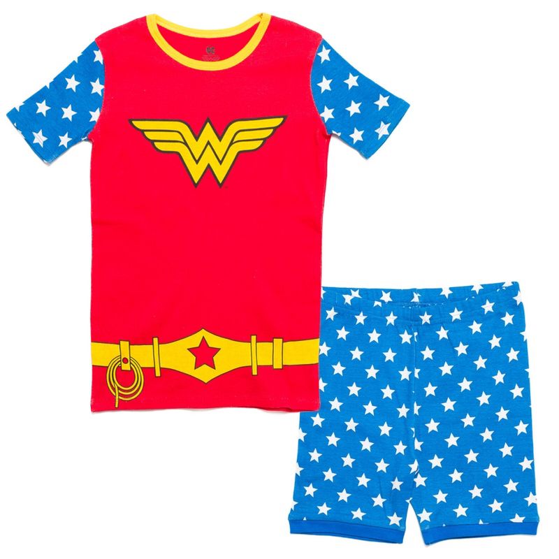 DC Comics Justice League Wonder Woman Girls Pajama Shirt and Shorts Sleep Set Little Kid to Big Kid, 1 of 9