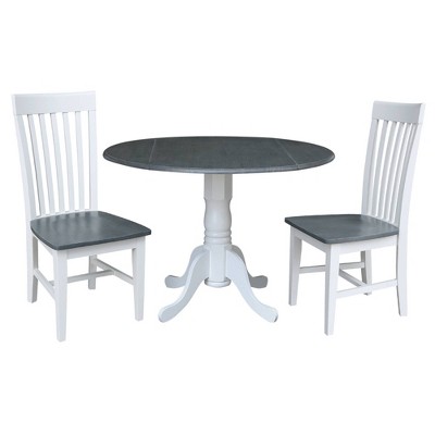 42" Ashley Dual Drop Leaf Dining Table with 2 Slat Back Chairs White/Heather Gray - International Concepts