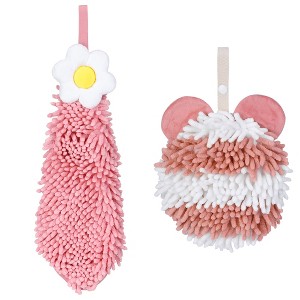REGALWOVEN Soft Absorbent Cute Fuzzy Hanging Decorative Bathroom Chenille Hand Towel 6" x 15"/7" x 7" 2 Packs - 1 of 4