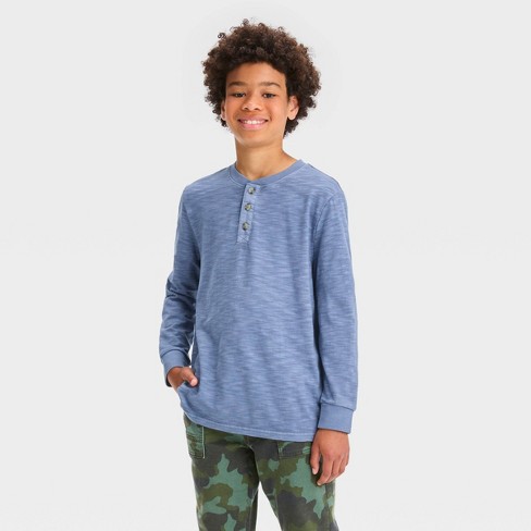 5T Boys Gray Blue Henley Long Sleeve Shirt