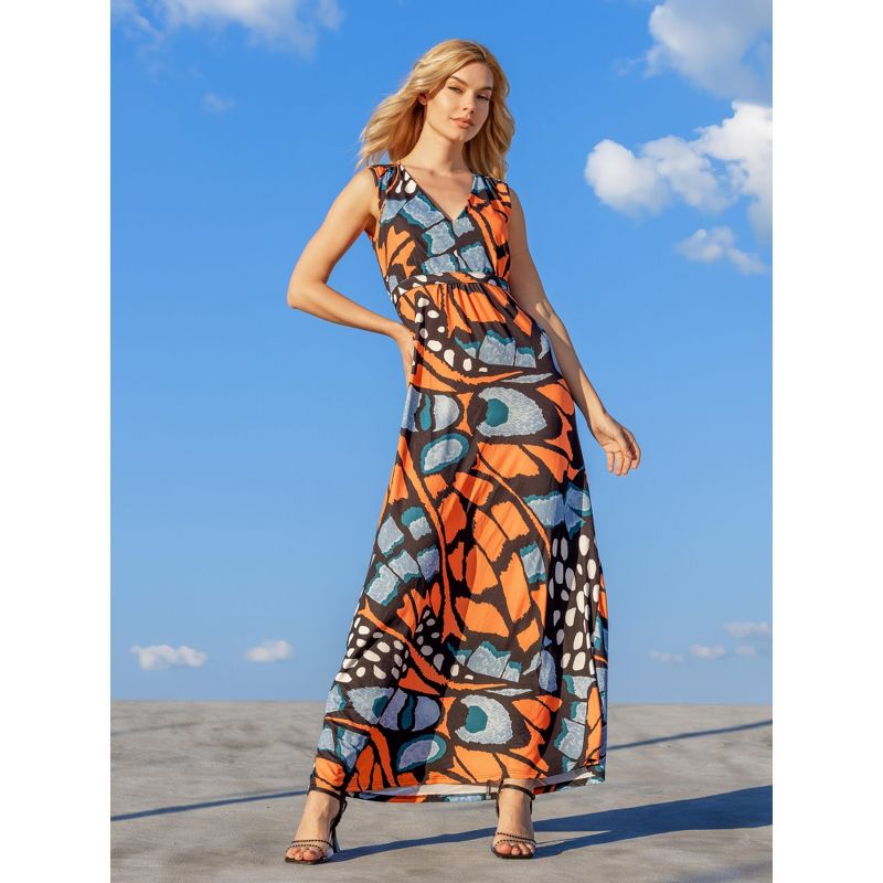 24seven Comfort Apparel Womens Orange Butterfly Print V Neck Tie Back Empire Waist Sleeveless Maxi Dress, 4 of 9