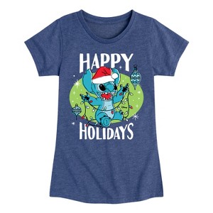 Girls' - Lilo and Stitch - Happy Holidays Christmas Fitted Short Sleeve Graphic T-Shirt - 1 of 4