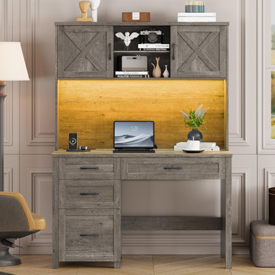 67" H Executive Desk with Hutch, 4 Drawers and LED Light, Computer Desk with Charging Station