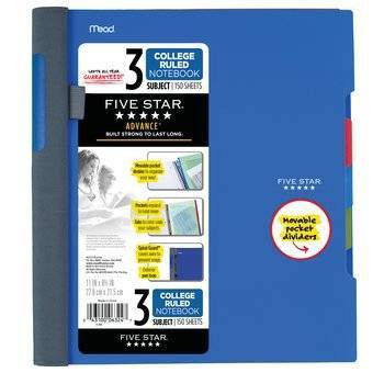 Five Star 3 Subject College Ruled Spiral Notebook (Colors May Vary)